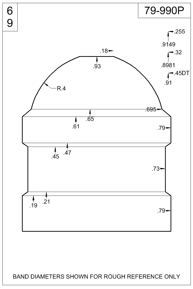 Dimensioned view of bullet 79-990P