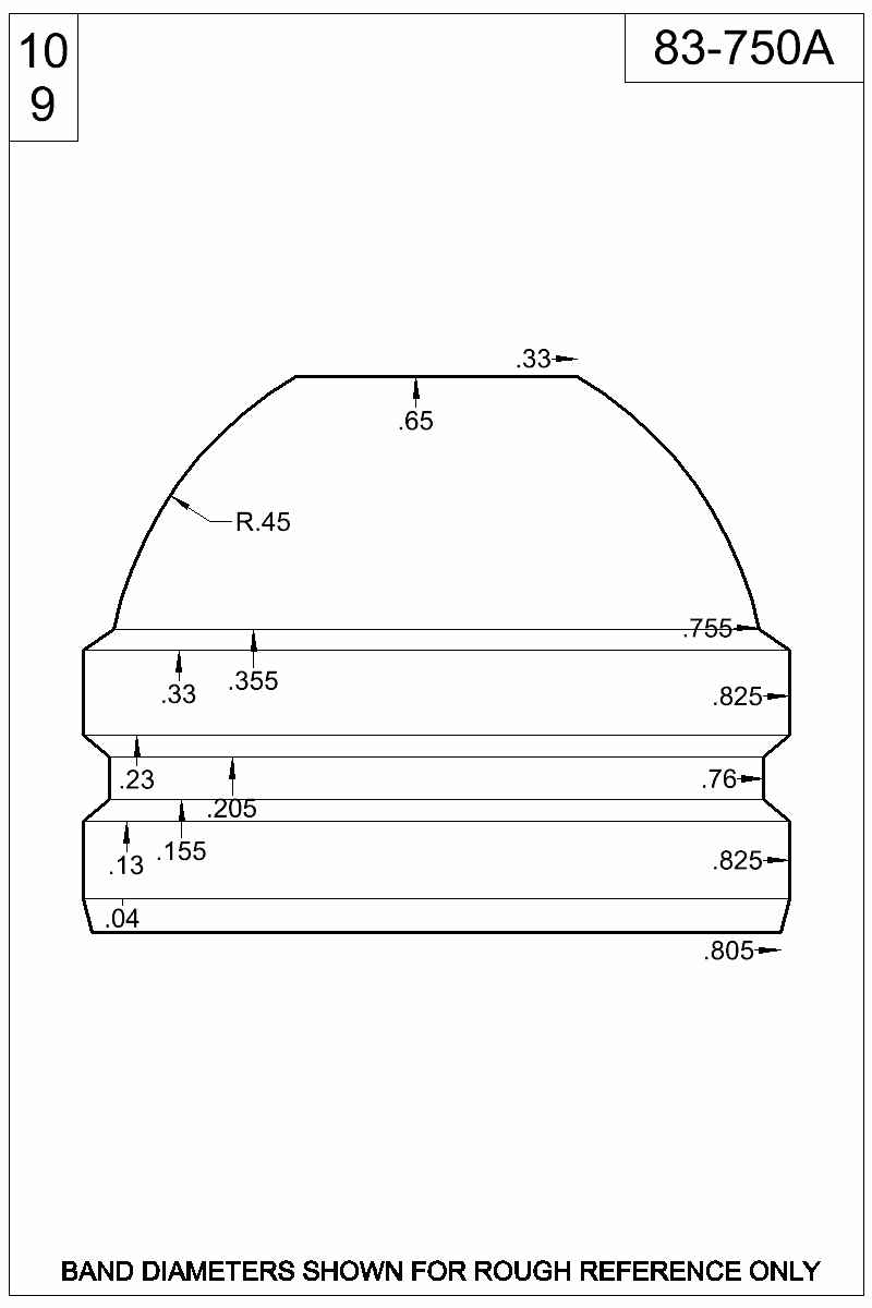 Dimensioned view of bullet 83-750A