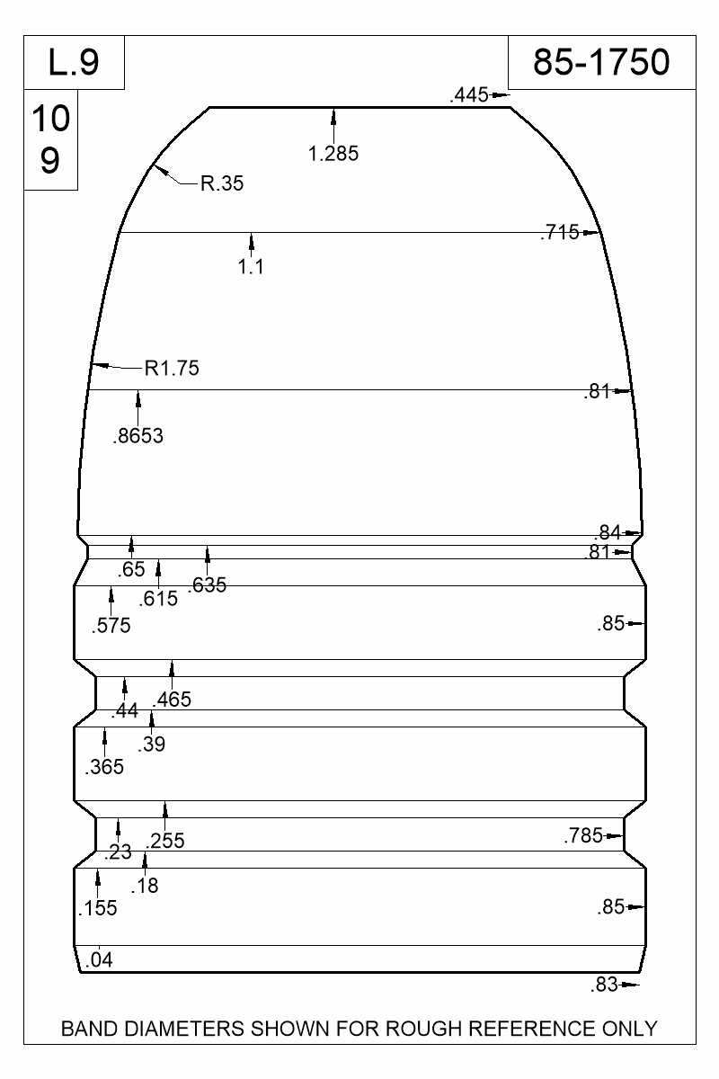 Dimensioned view of bullet 85-1750
