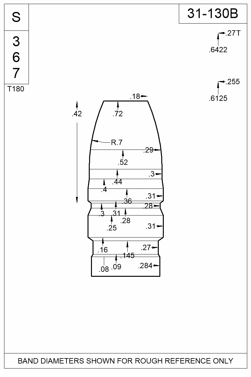 Dimensioned view of bullet 31-130B