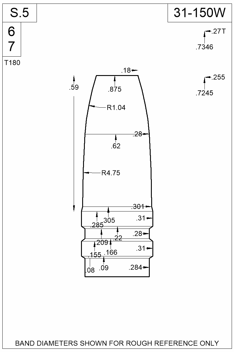 Dimensioned view of bullet 31-150W