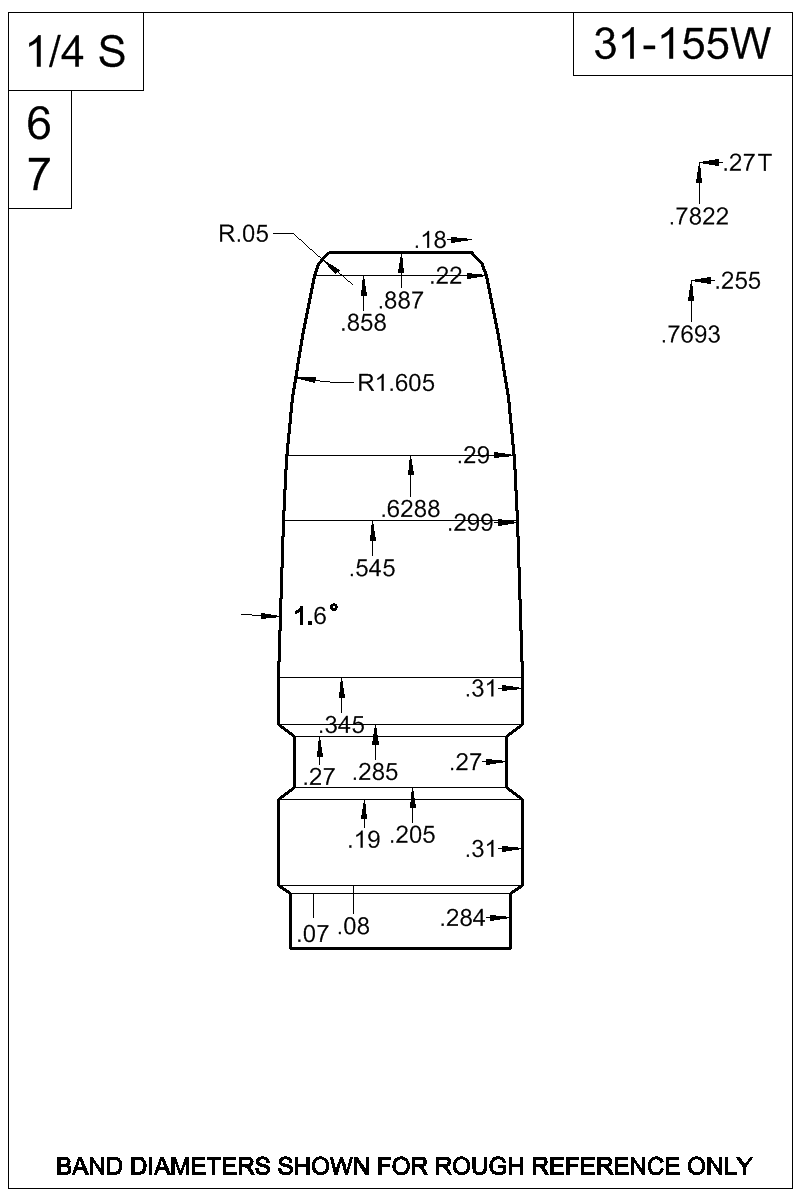 Dimensioned view of bullet 31-155W