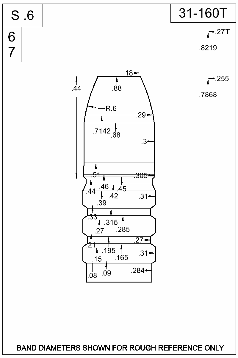 Dimensioned view of bullet 31-160T
