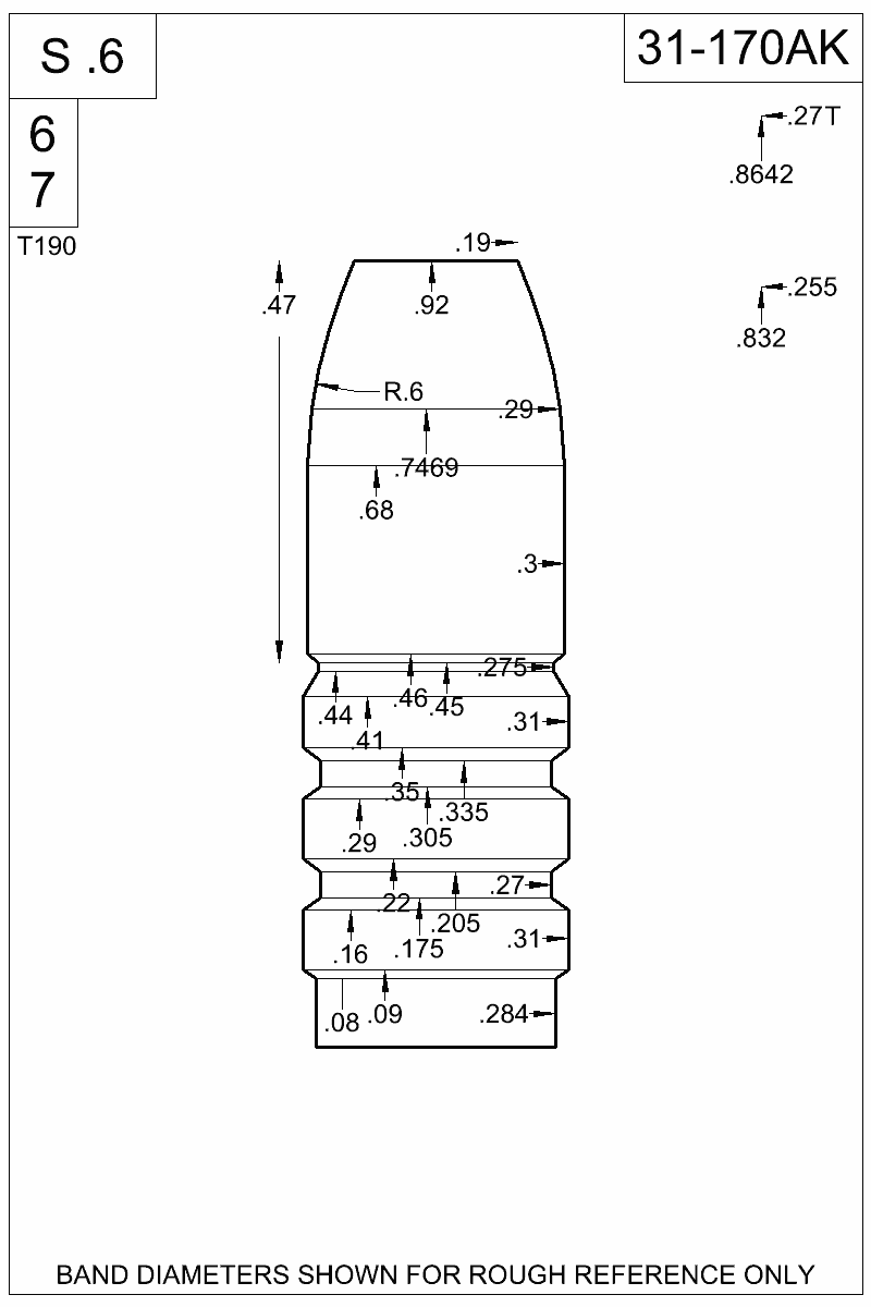 Accurate Molds catalog #31-170AK Dimensioned view of bullet 31-170AK