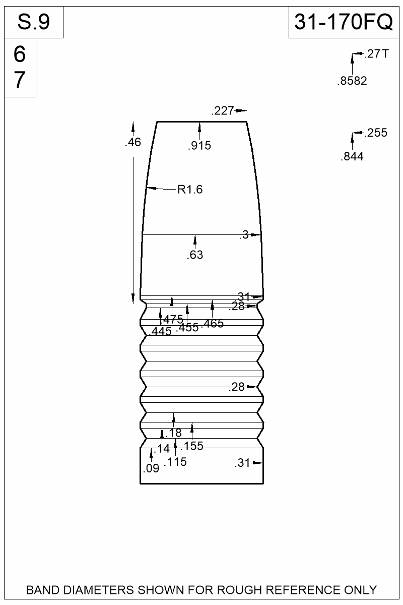 Dimensioned view of bullet 31-170FQ