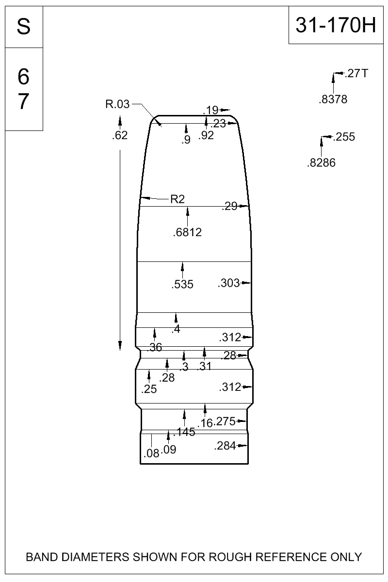 Dimensioned view of bullet 31-170H