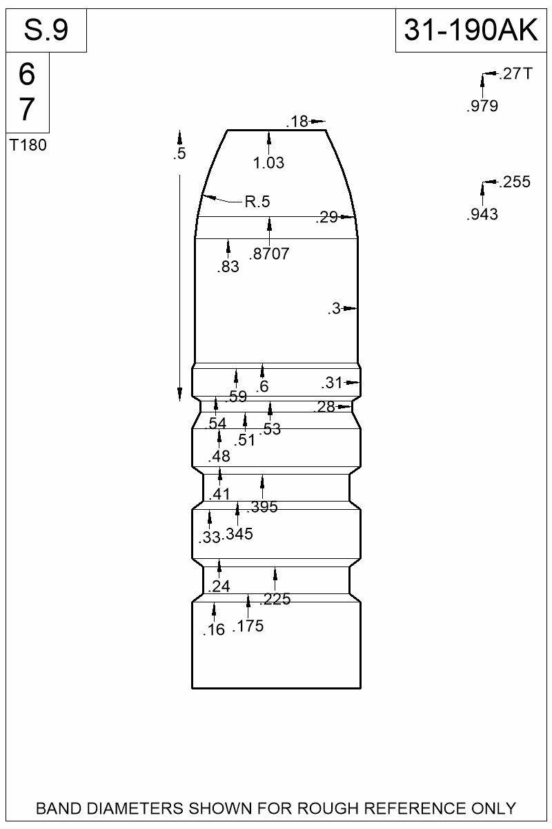 Dimensioned view of bullet 31-190AK