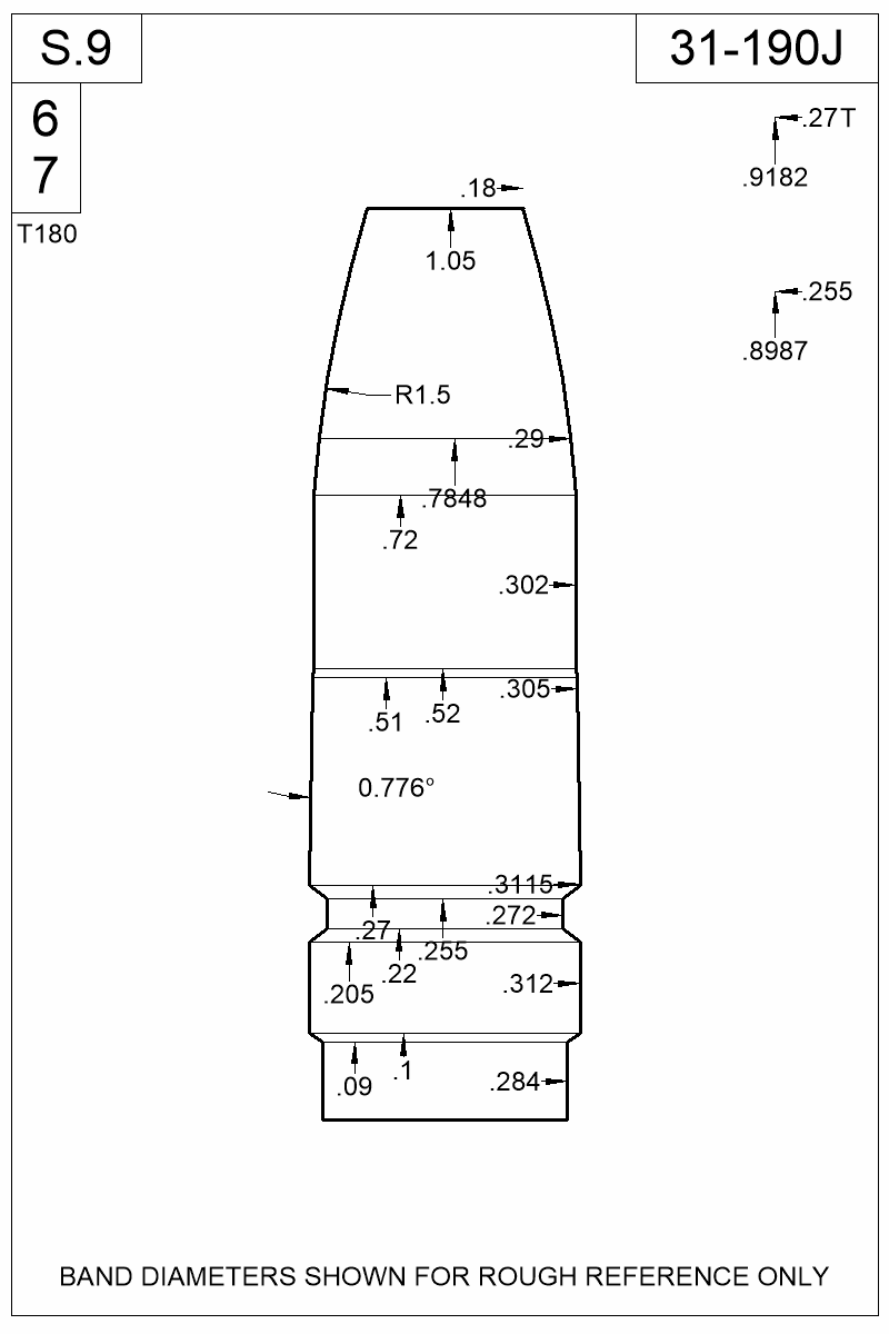 Dimensioned view of bullet 31-190J