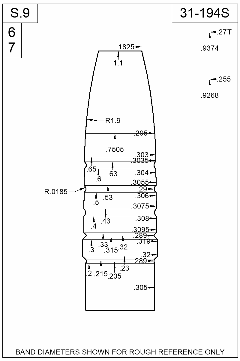 Dimensioned view of bullet 31-194S
