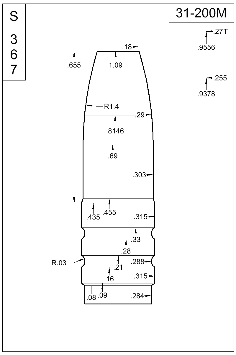 Dimensioned view of bullet 31-200M