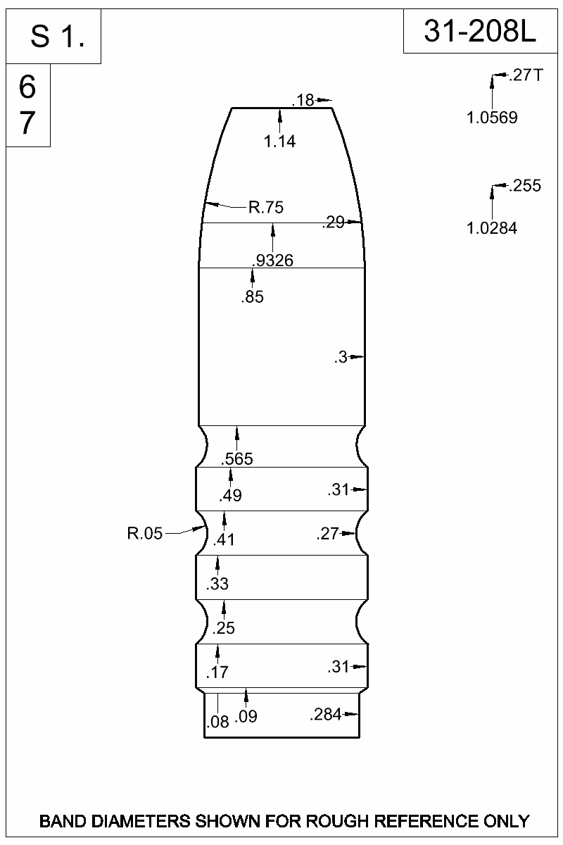 Dimensioned view of bullet 31-208L
