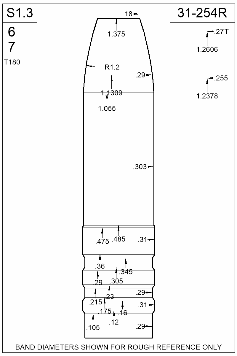 Dimensioned view of bullet 31-254R