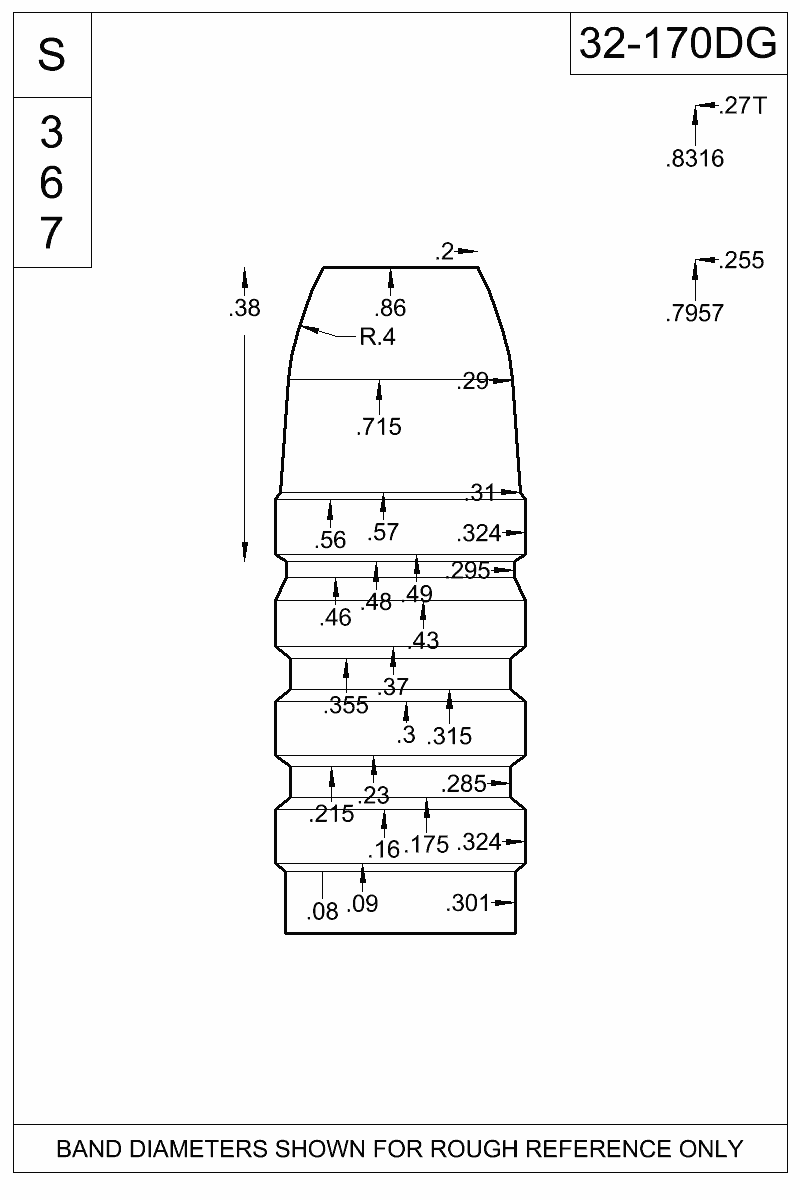 Dimensioned view of bullet 32-170DG