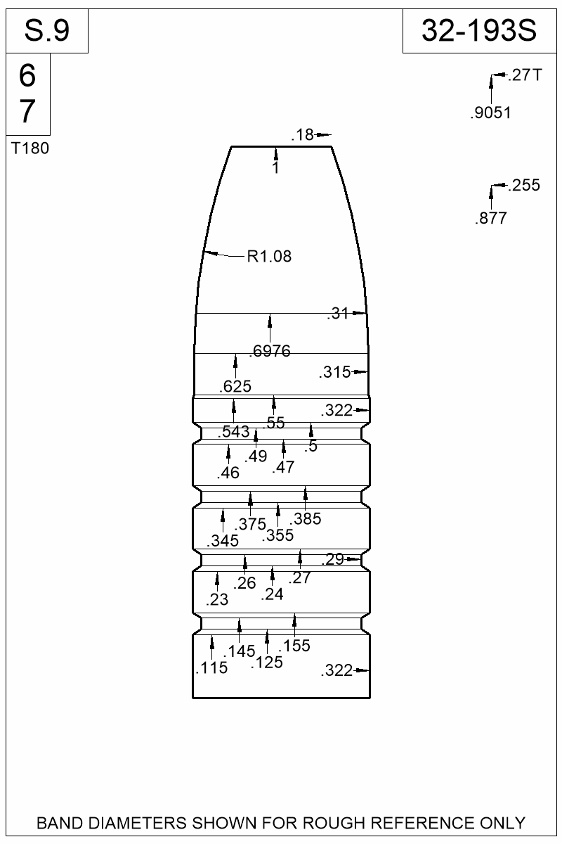Accurate Molds catalog #32-193S Dimensioned view of bullet 32-193S