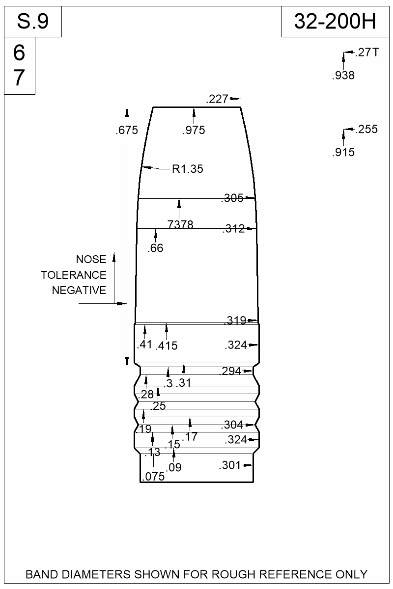 Dimensioned view of bullet 32-200H
