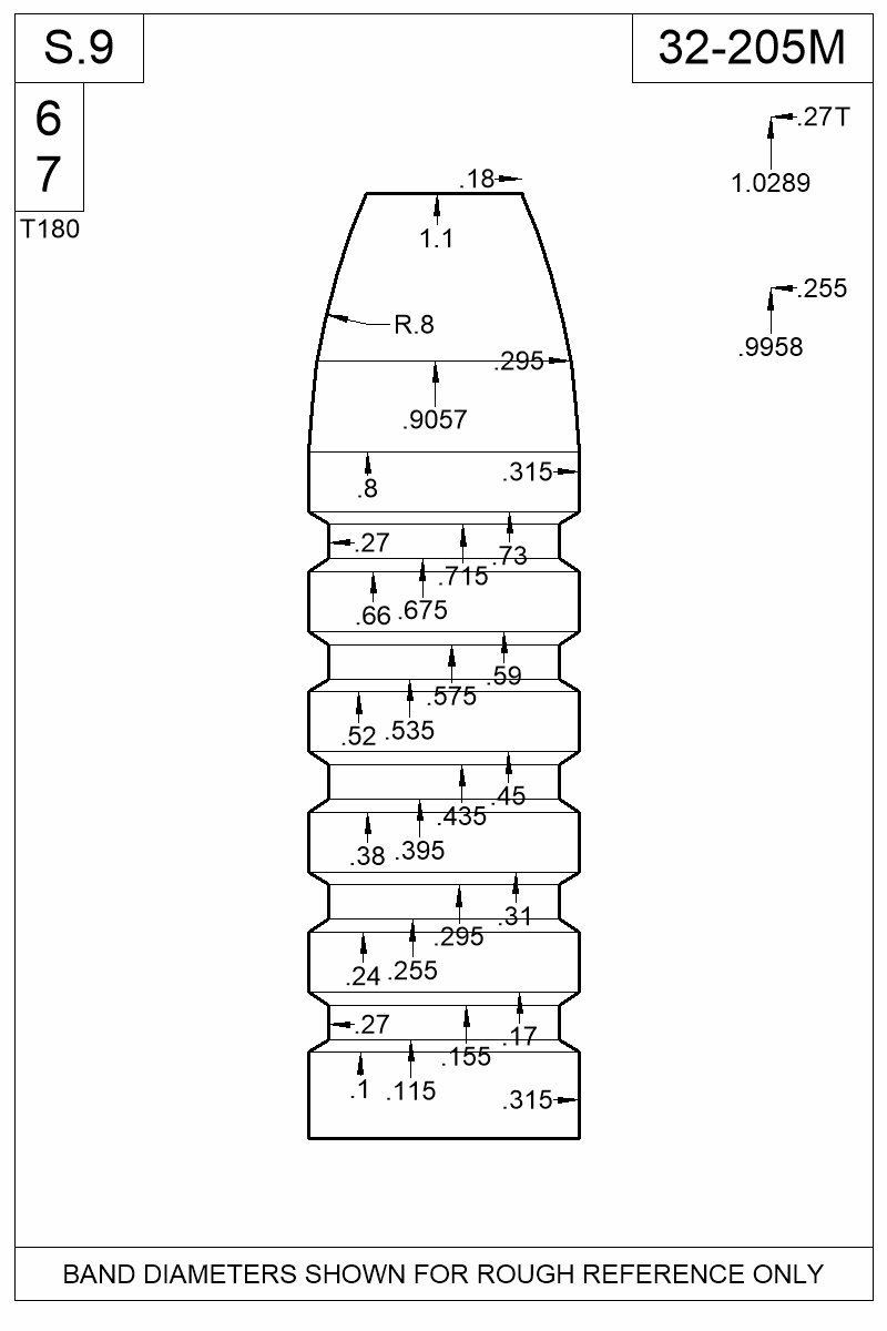 Dimensioned view of bullet 32-205M
