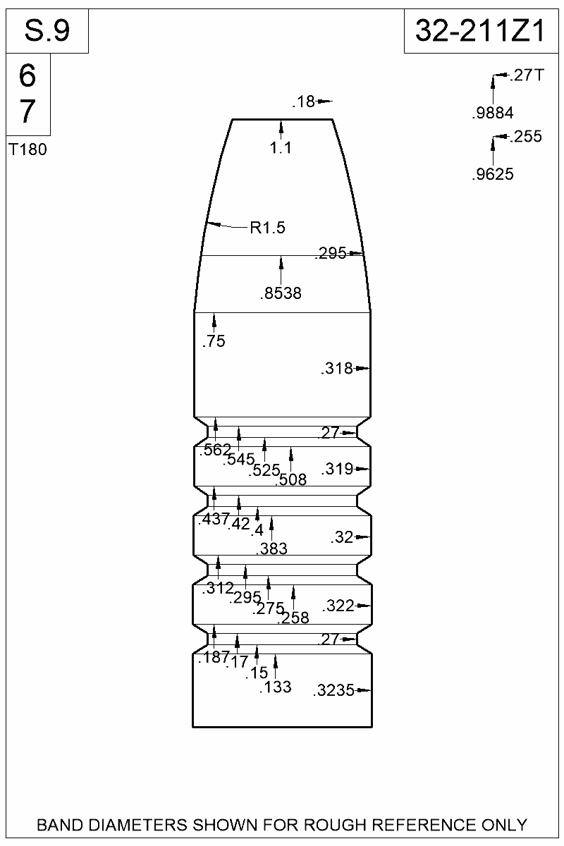 Dimensioned view of bullet 32-211Z1