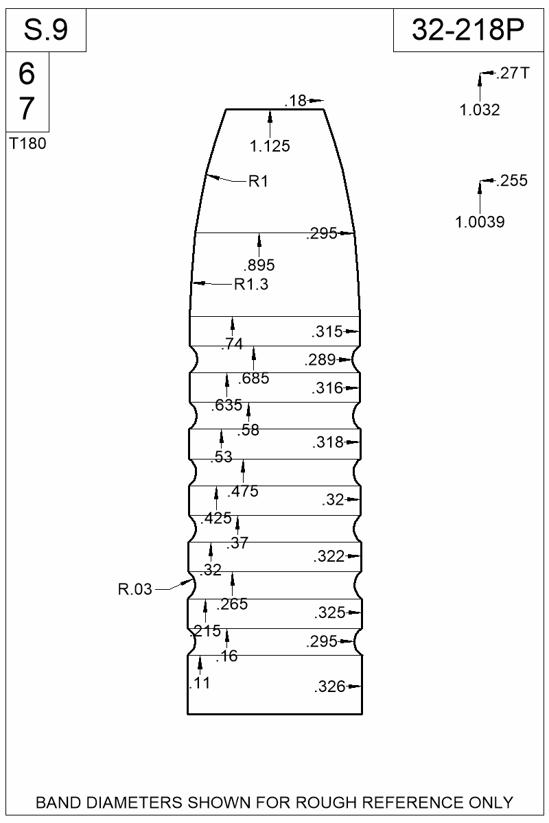 Dimensioned view of bullet 32-218P