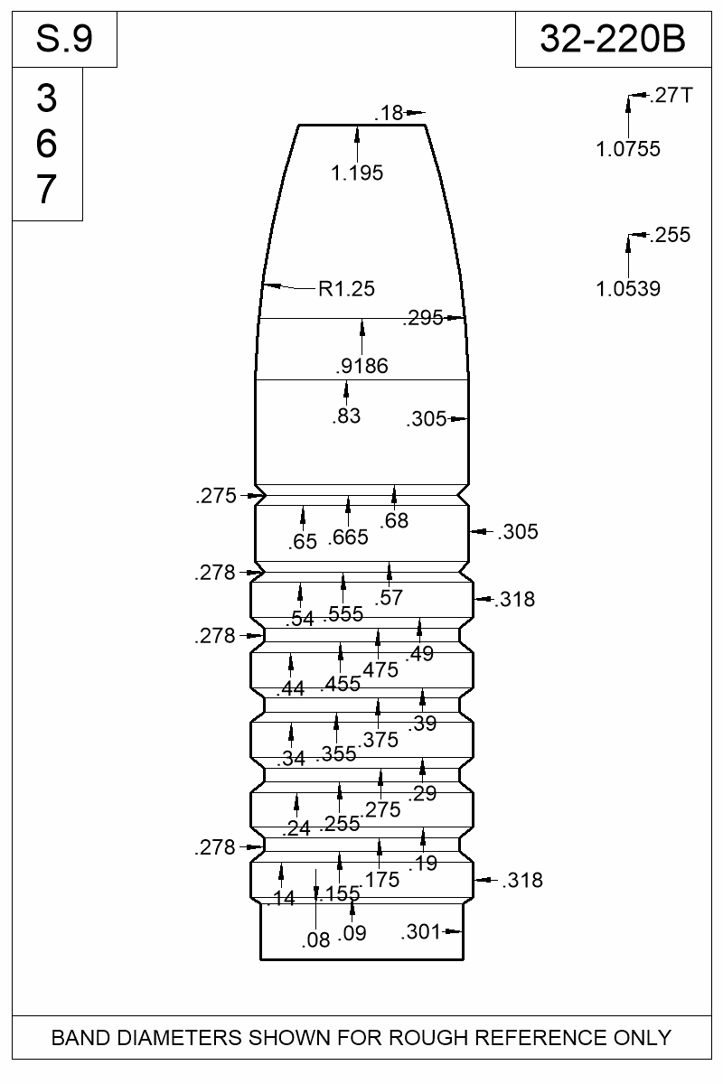 Dimensioned view of bullet 32-220B