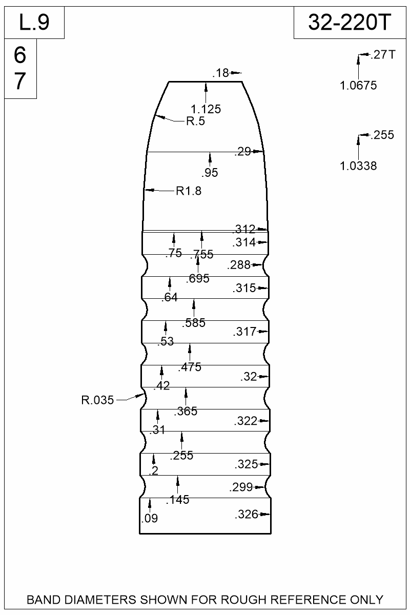 Accurate Molds catalog #32-220T Dimensioned view of bullet 32-220T