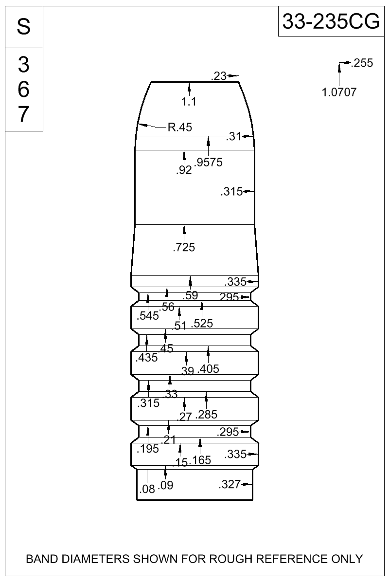 Dimensioned view of bullet 33-235CG