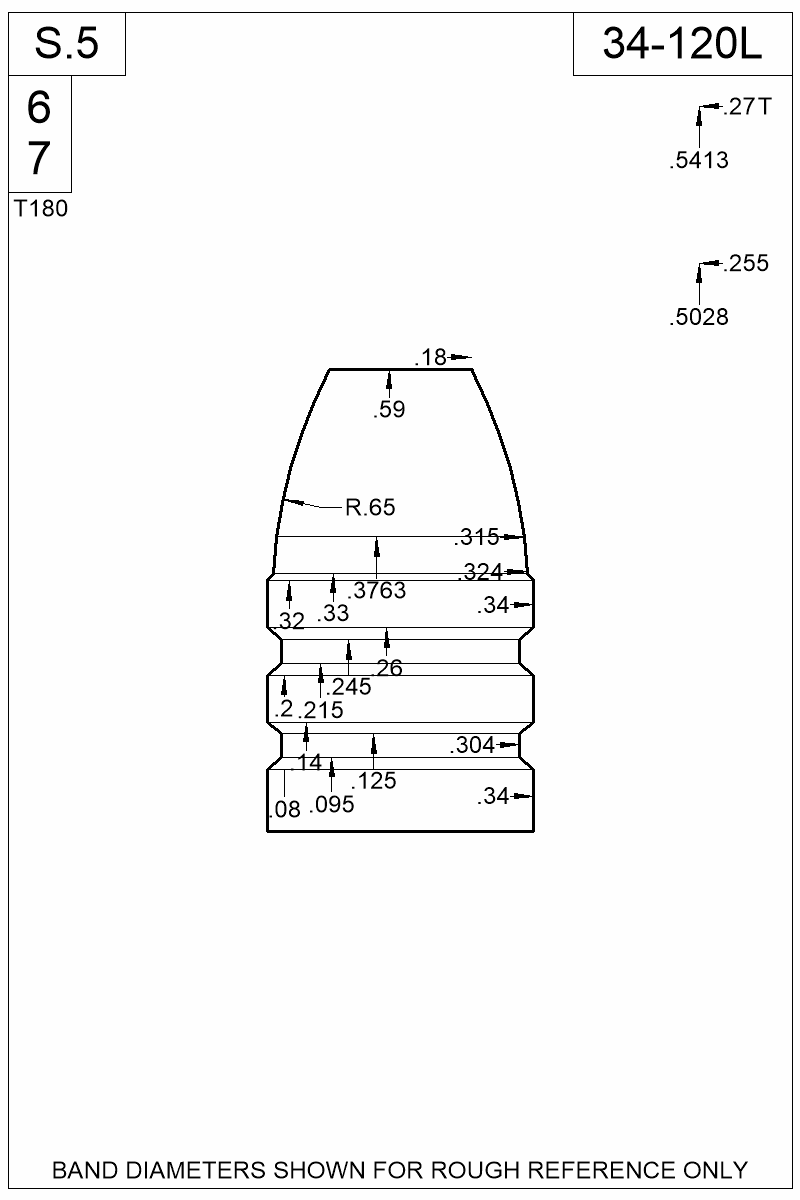 Accurate Molds catalog #34-120L Dimensioned view of bullet 34-120L