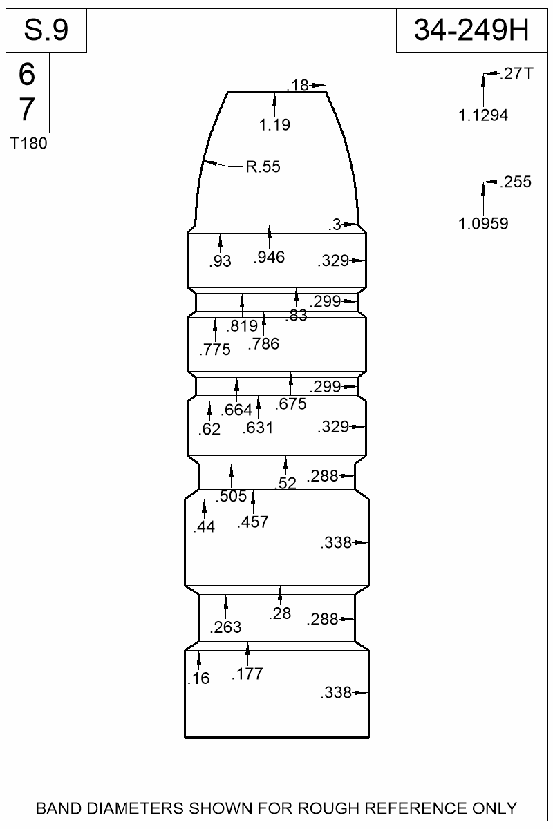 Accurate Molds catalog #34-249H Dimensioned view of bullet 34-249H