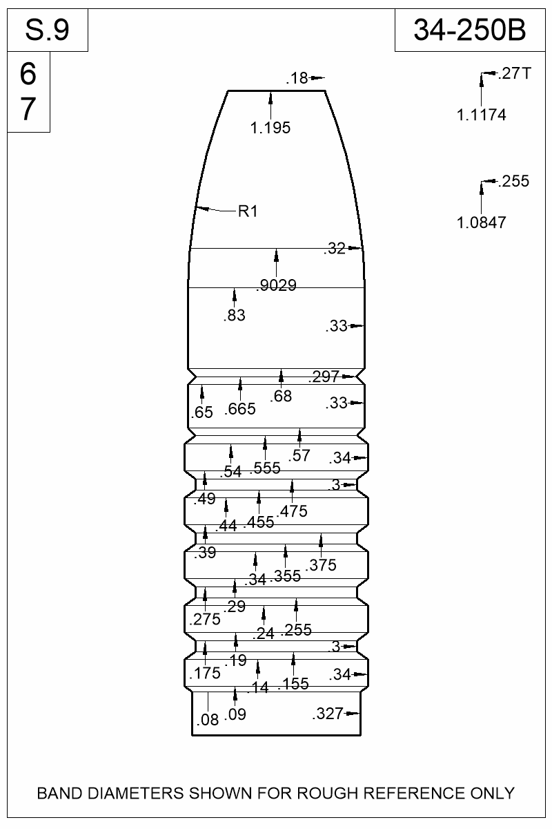 Dimensioned view of bullet 34-250B