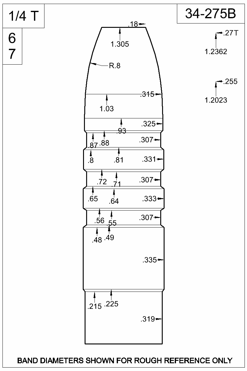 Dimensioned view of bullet 34-275B