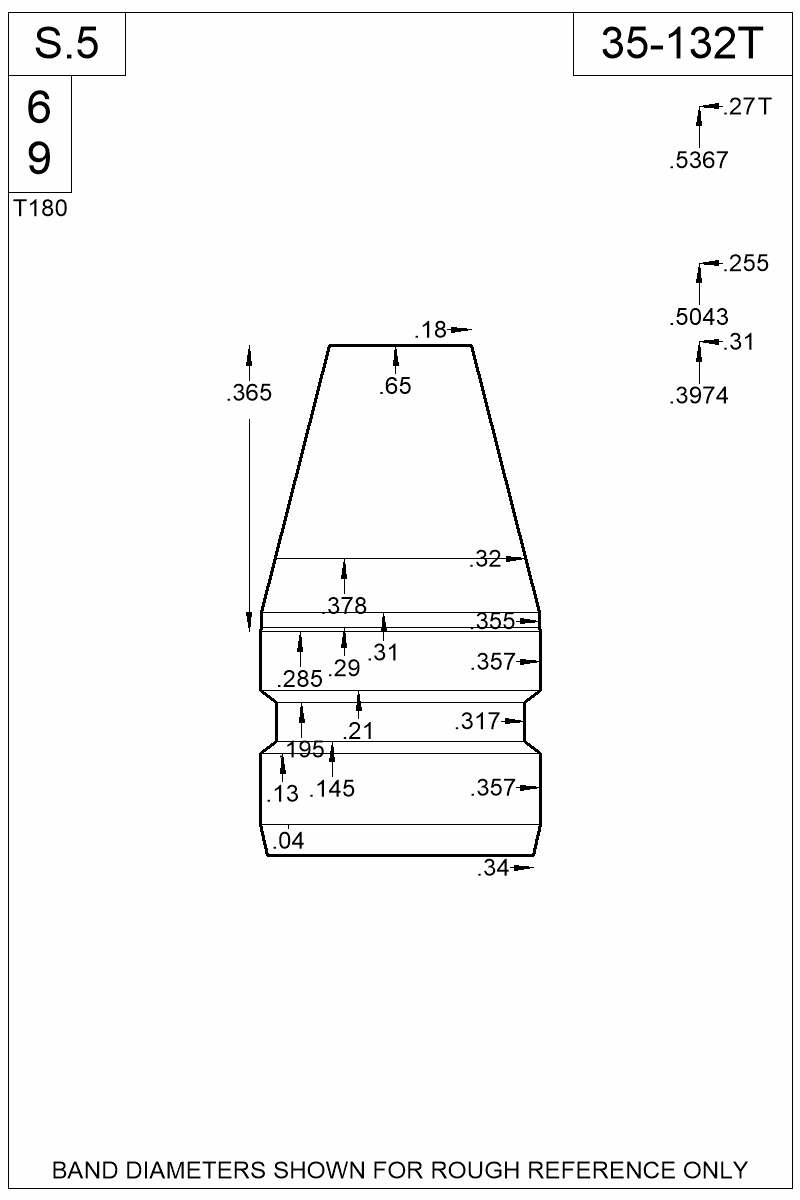 Dimensioned view of bullet 35-132T