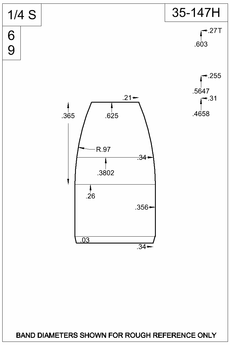 Dimensioned view of bullet 35-147H
