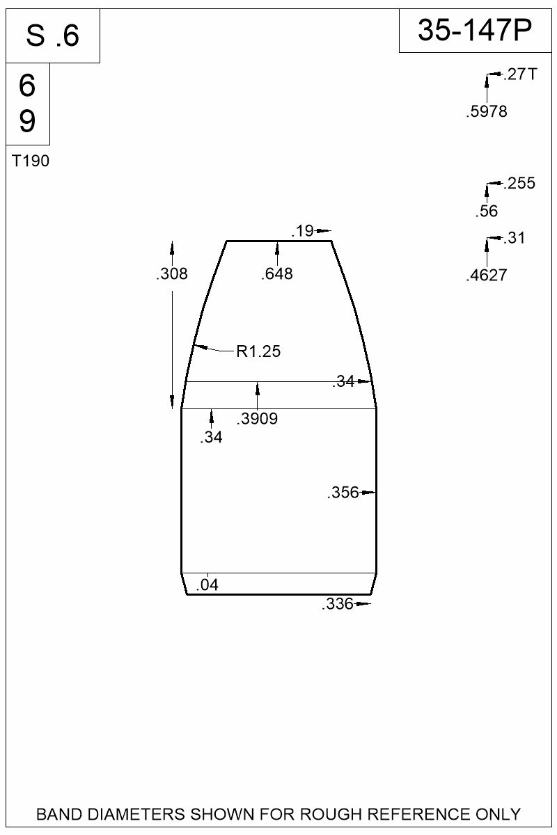 Dimensioned view of bullet 35-147P
