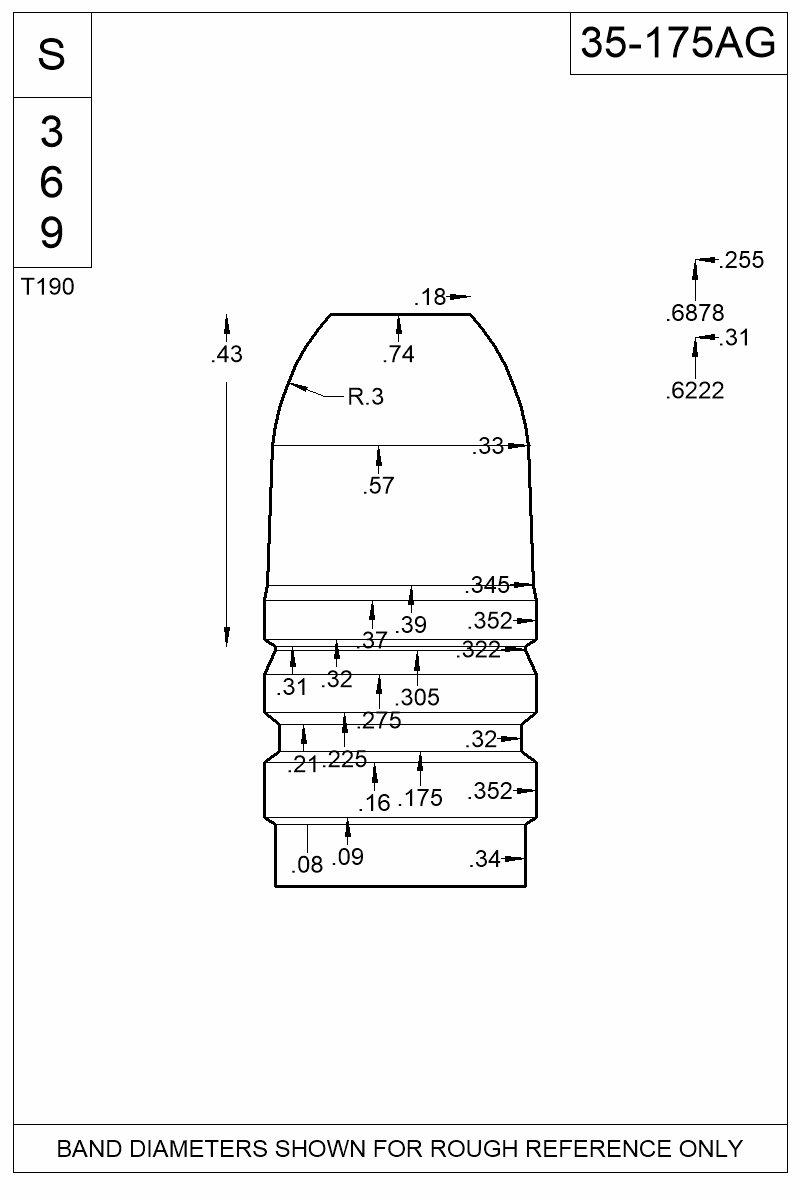 Dimensioned view of bullet 35-175AG