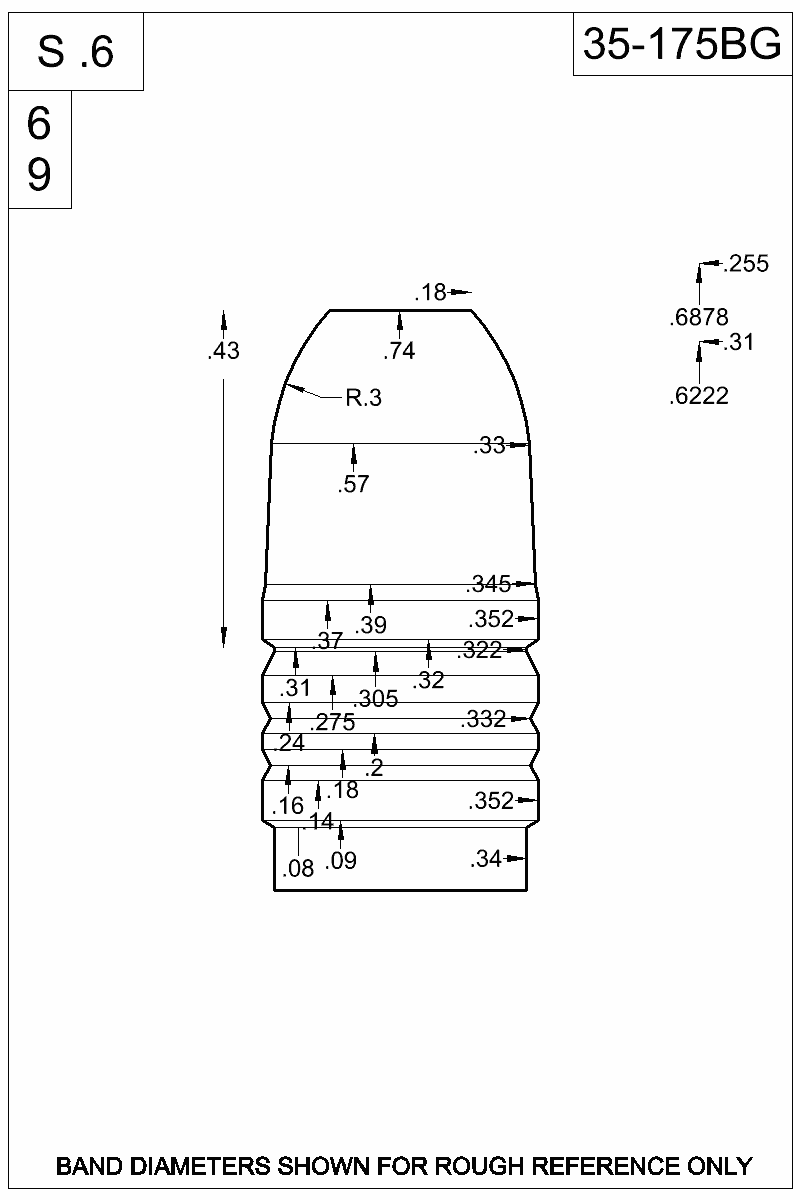 Dimensioned view of bullet 35-175BG