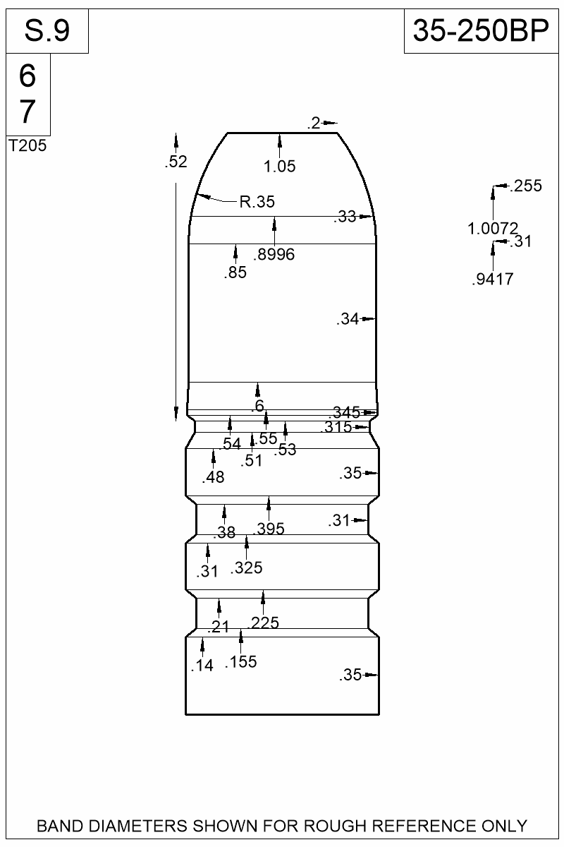 Dimensioned view of bullet 35-250BP