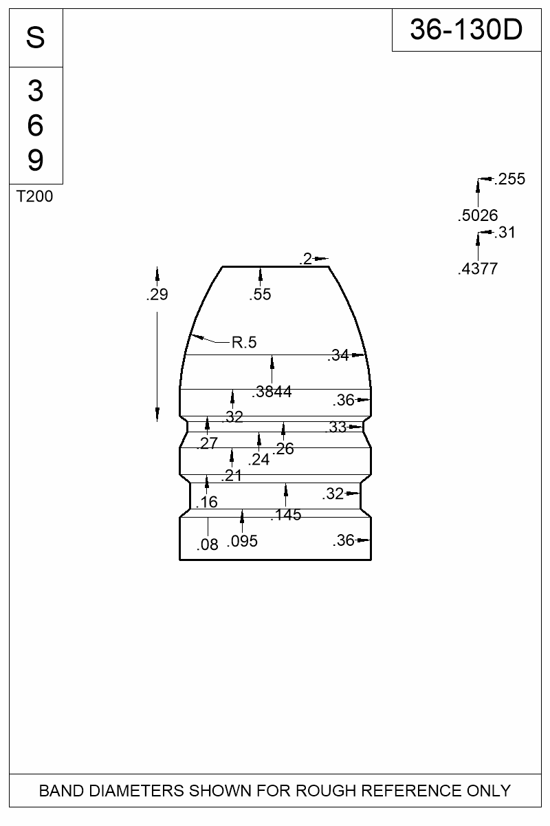 Dimensioned view of bullet 36-130D