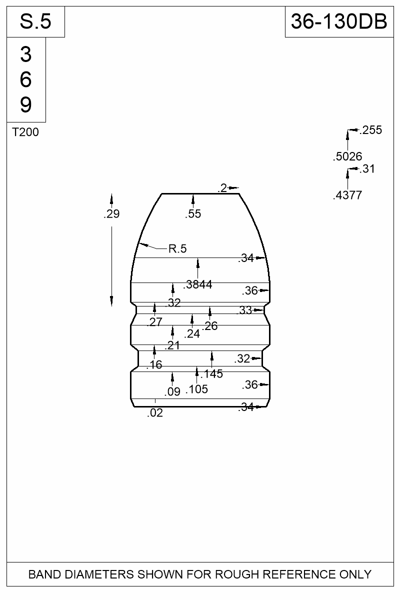 Dimensioned view of bullet 36-130DB