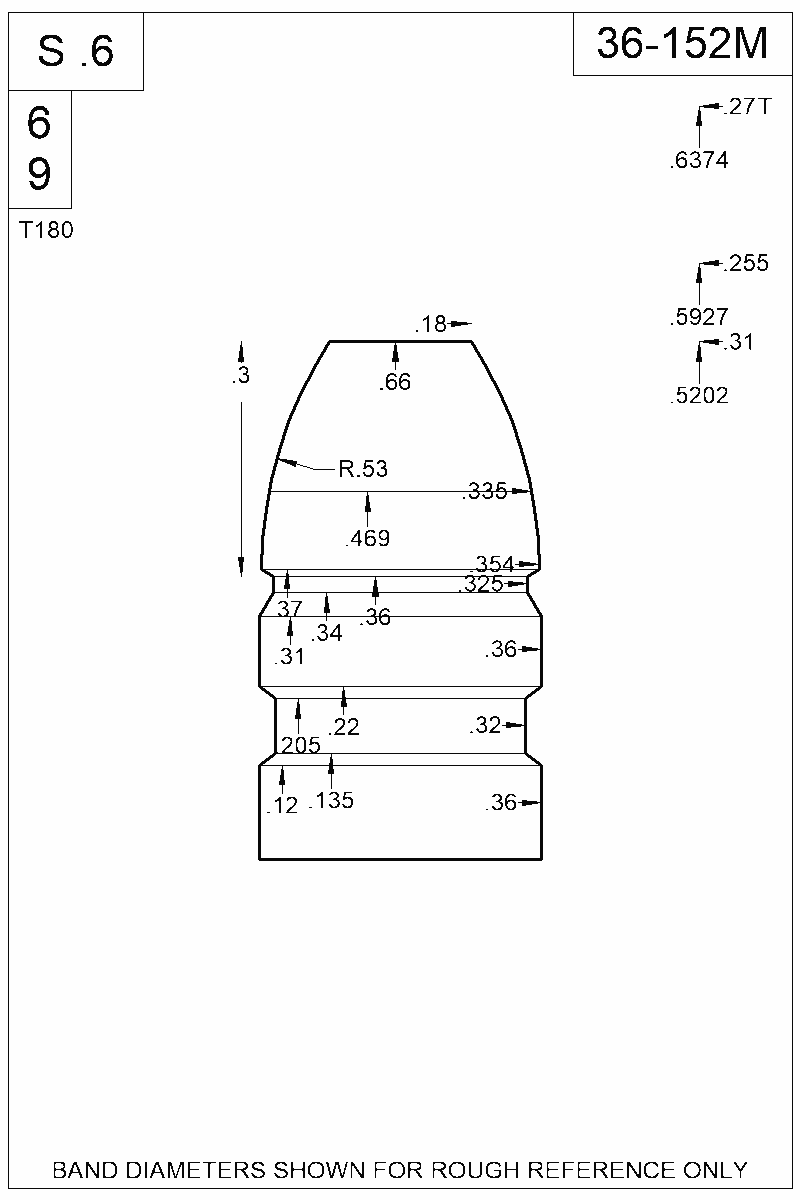 Accurate Molds catalog #36-152M Dimensioned view of bullet 36-152M