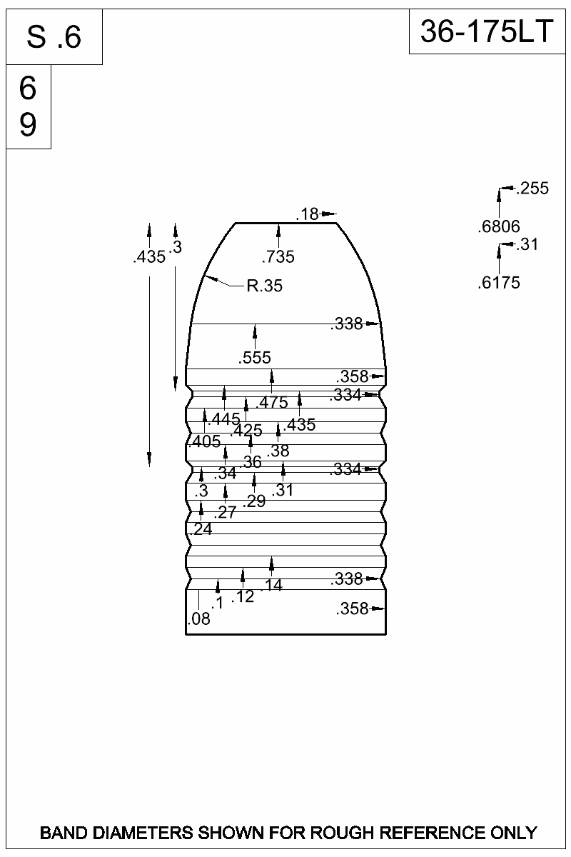 Dimensioned view of bullet 36-175LT