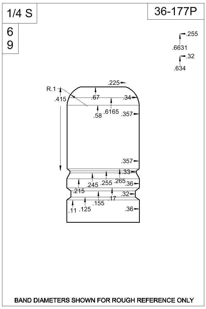 Dimensioned view of bullet 36-177P