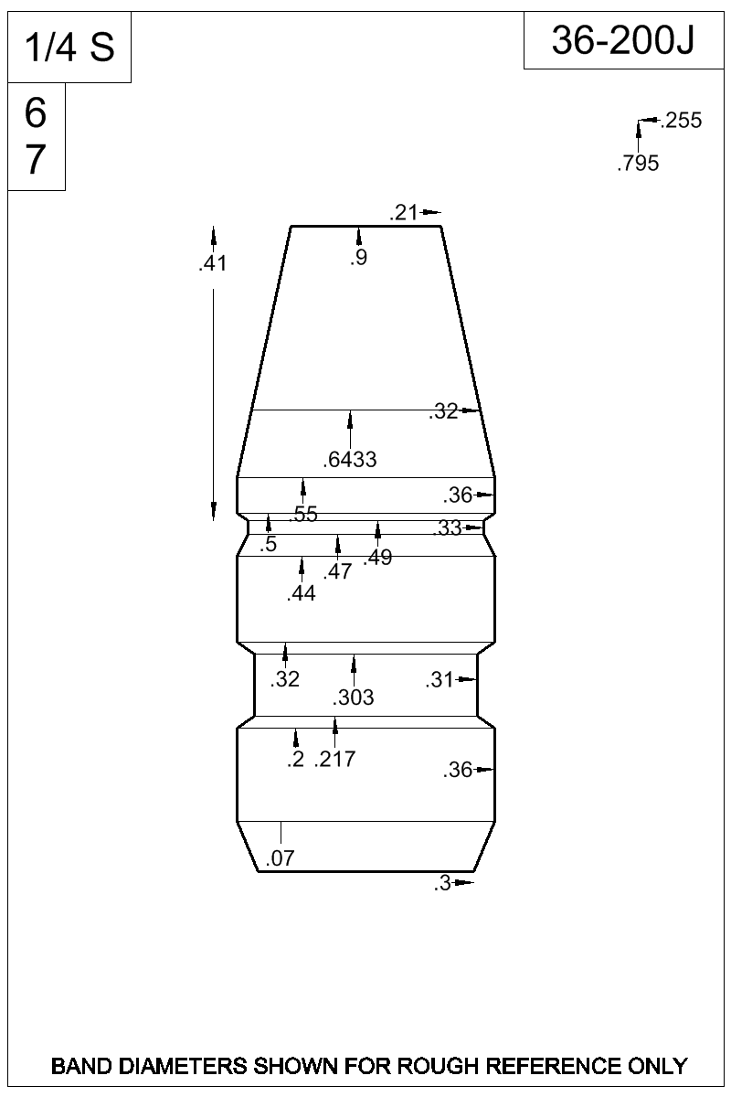Dimensioned view of bullet 36-200J
