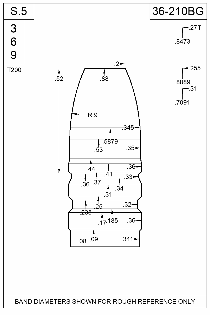 Dimensioned view of bullet 36-210BG