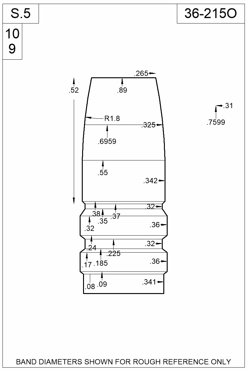 Dimensioned view of bullet 36-215O