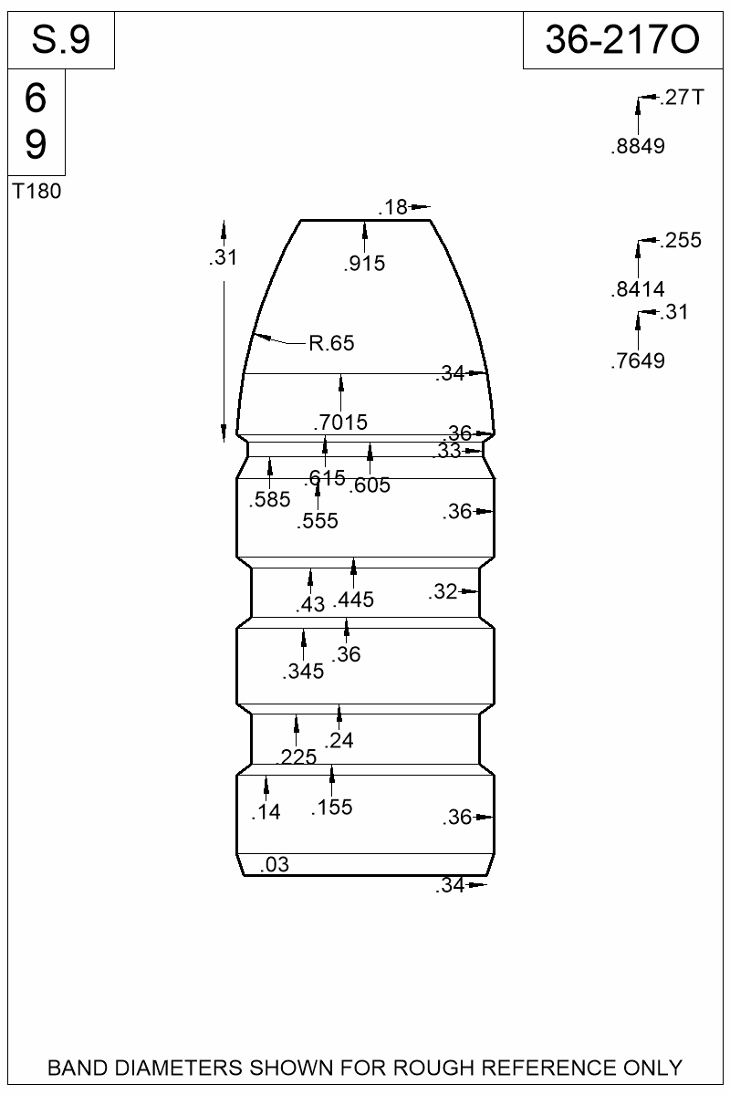 Dimensioned view of bullet 36-217O