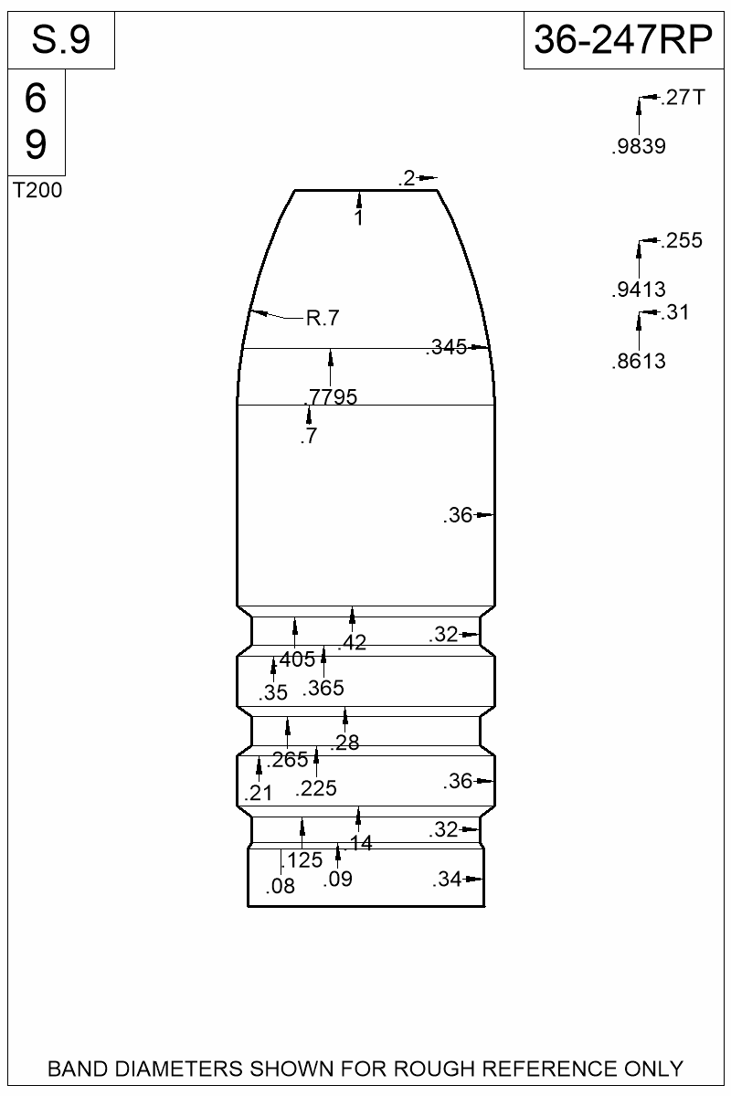Dimensioned view of bullet 36-247RP