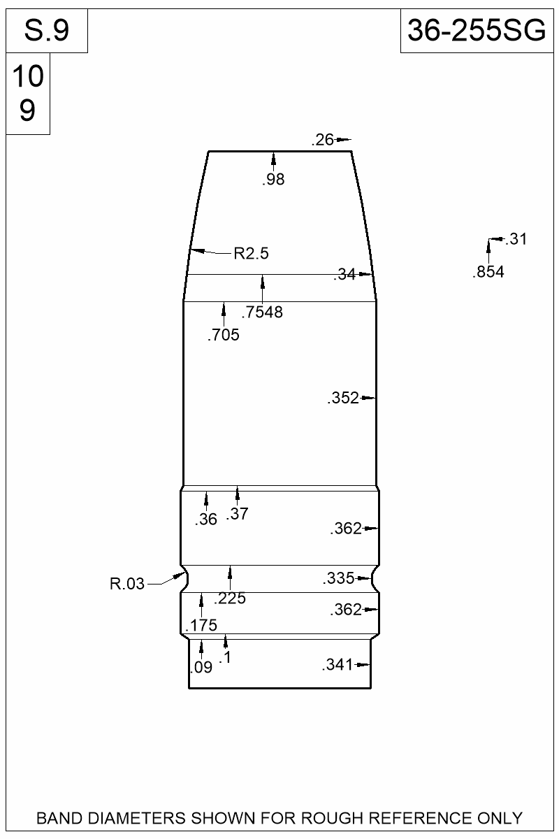 Dimensioned view of bullet 36-255SG