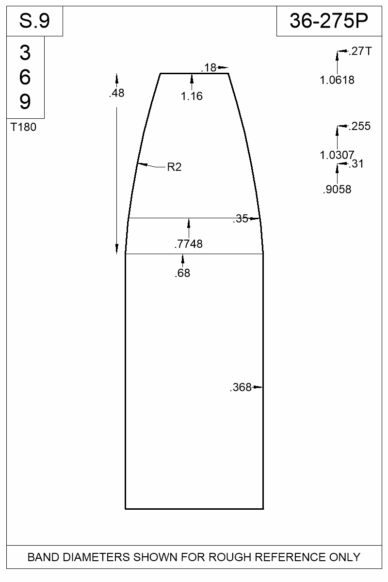 Dimensioned view of bullet 36-275P
