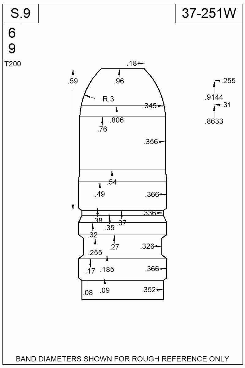 Dimensioned view of bullet 37-251W