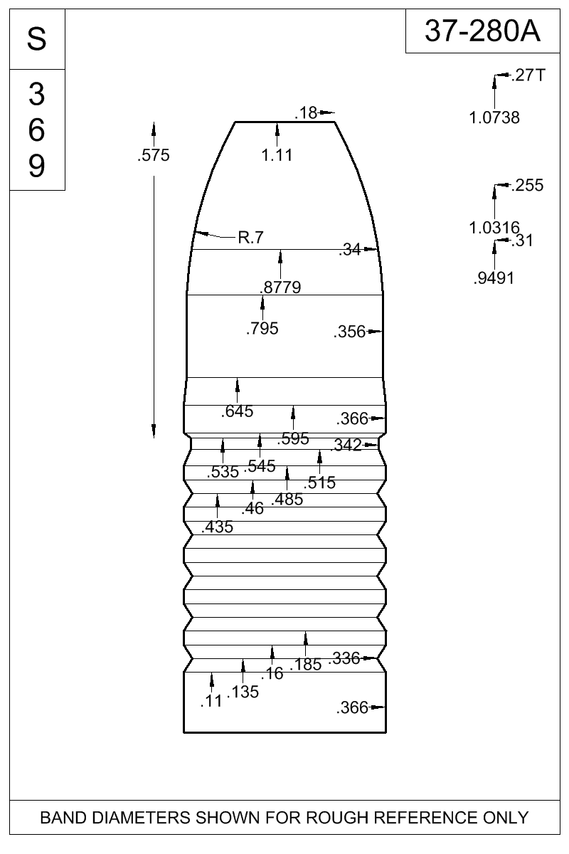 Dimensioned view of bullet 37-280A