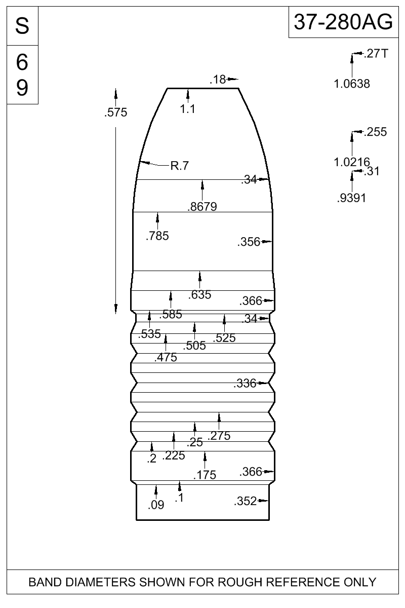 Dimensioned view of bullet 37-280AG